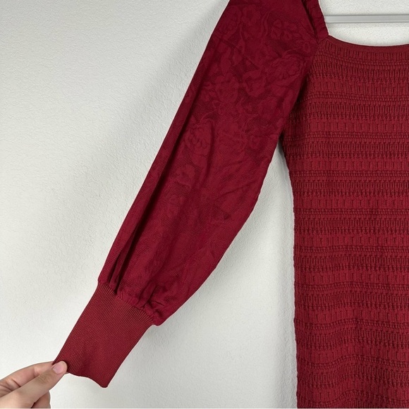 NEW Anthropologie Red Burgundy Long Puff Sleeve Smocked Midi Dress Size XS - Picture 2 of 9